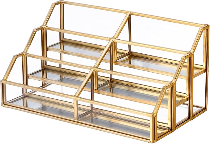 Hipiwe Gold Metal Desk Business Card Holder Glass Name Card Display Organizer 3 Tiers 6 Slot Business Card Stand for Exhibition Office Desktop