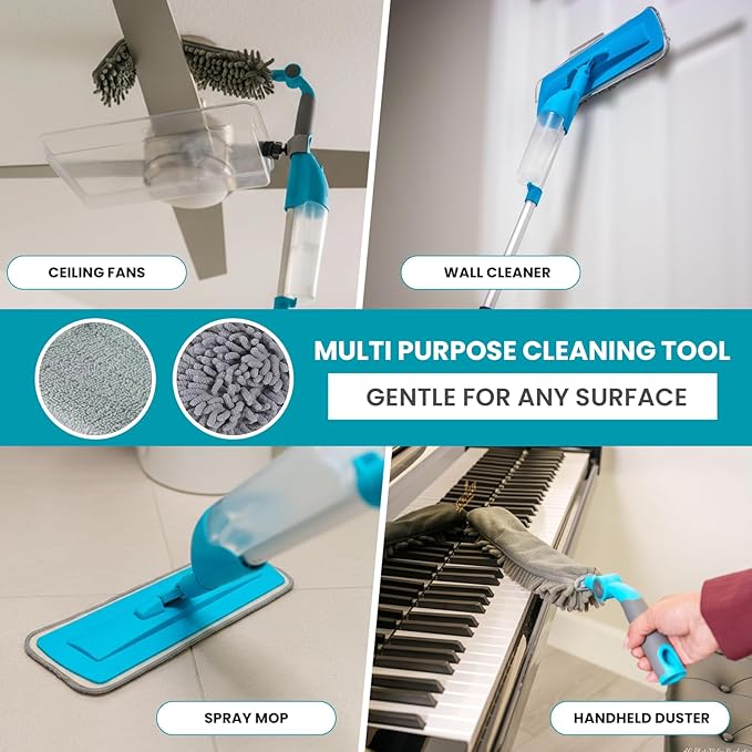Patented 4-in-1 Ceiling Fan Cleaner Duster. Spray Mop. Wall Cleaner with Sprayer. Duster. Dust Trapping System| Storage Bag & Hook. Lightweight. Reusable. Microfiber