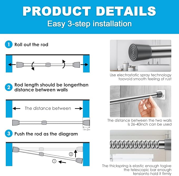 MEXAU 1Pcs Spring Tension Curtain Rod 26-39 inch Spring Tension Rods Silver Tension Rods Adjustable Spring Rod Extendable Tension Rod For Kitchen, Window, Bookshelf,Closet.
