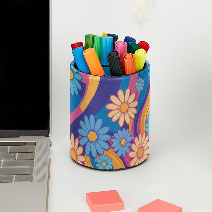 Colorful Rainbows and Daisies Pen Holder Pencil Organizer for Desk, 3.1” x 3.1” x 3.9” Pencil Cup Office Supplies, Large Capacity Cute Pen and Makeup Brush Holder for Home, School, Desktop