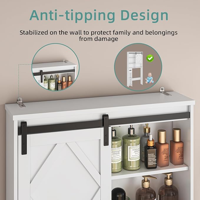 Over the Toilet Storage Cabinet with Farmhouse Sliding Barn Door, Above Toilet Organizer with Toilet Paper Holder Stand, Behind Toilet Shelf, Space Saver for Restroom, Bathroom, Laundry, White