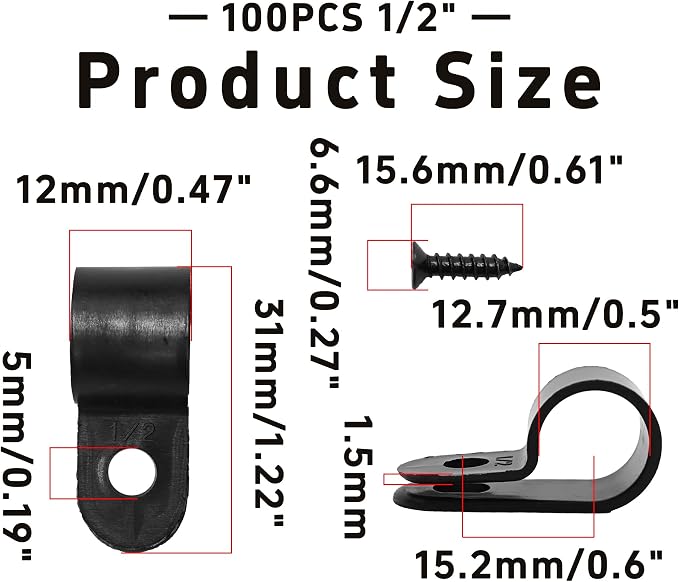 100Pcs R-Type Cable Clips 1/2" Black Nylon Plastic Wire Clamps with Mounting Screws, Cord Fastener Cable Management Organizer for Home Office Electrical Installation