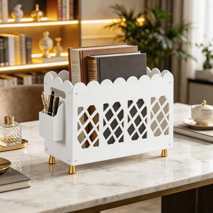 Acrylic Magazine Rack with Handle,Detachable Side Pen Slot,Wave HollowOut Design,Replaceable Anti-Slip Feet,Magazine Rack floor for Stationery File Snack Home Office Organization (White, 13x5.1x8.7")