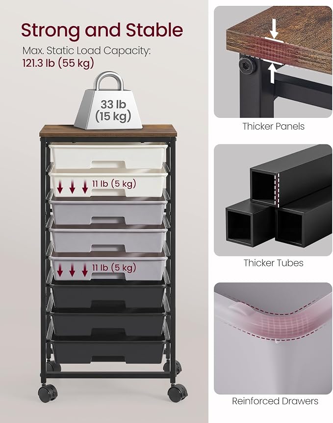 VASAGLE 8-Drawer Rolling Storage Cart, Utility Cart with Wheels and Wood Top, Craft Organizer for Office and Home, 15.6 x 11.2 x 30.1 inch, Black, BENCO Collection ULRC006B101
