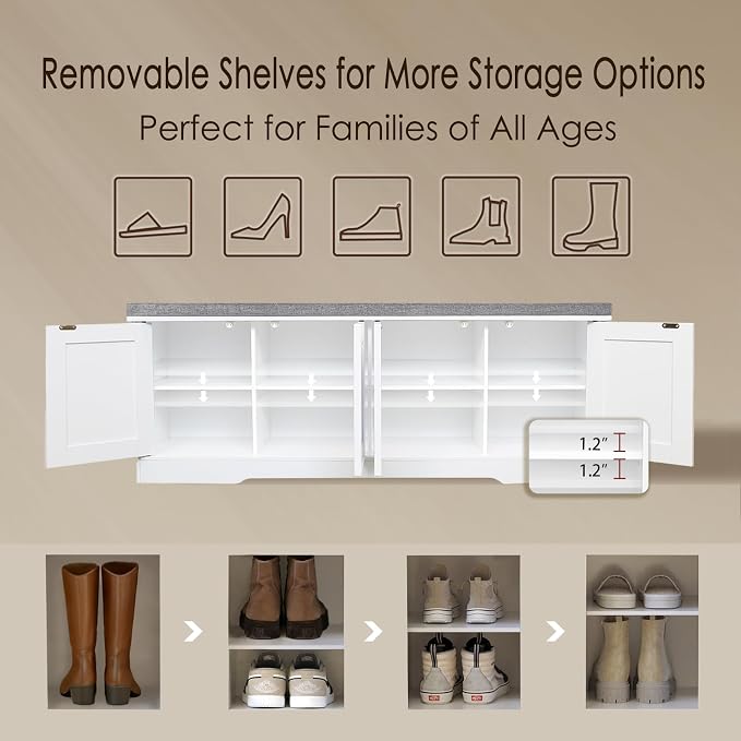 DINZI LVJ Shoe Bench, Entryway Storage Bench with Doors, Cushion, 2-Tier Shoe Rack with 8-Cubby, 47.2”L x 13.8”W Shoe Organizer Cabinet, Adjustable Shelf, Living Room, Bedroom, White