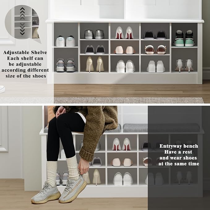 Wodeer Hall Tree with Bench and Shoe Storage, 53" Farmhouse 4-in-1 Mudroom Storage Organizer with Coat Rack, 6 Hooks, 12 Shoe Cubbies, Adjustable Shelf, for Entryway, Hallway, Living Room, White
