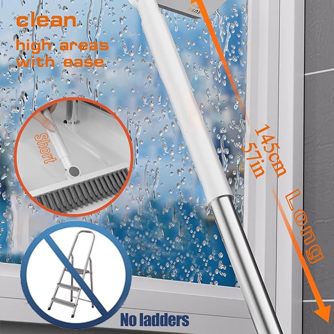 Floor Scrubbing Brush with 57" Adjustable Long Handle,3 in 1 Living Grout Brush with Squeegee,V-Shape Stiff Brush Bristle,Heavy Duty Bathroom Cleaning Brush for Tile,Deck,Patio,Wall,Garage,Kitchen,Blu