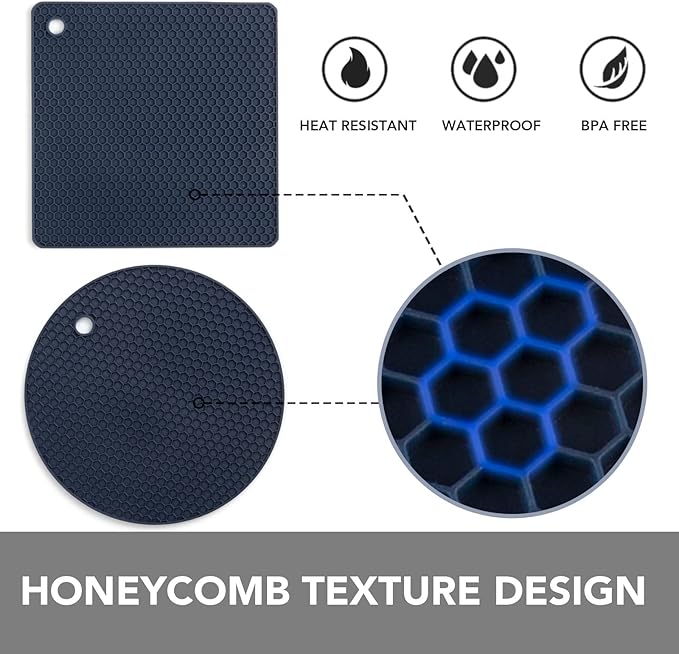 Joyhalo Trivets for Hot Dishes - Hot Pads for Kitchen, Silicone Pot Holders for Hot Pots and Pans, Silicone Mats for Kitchen Countertops, Table, Flexible Easy to Wash and Dry, Navy