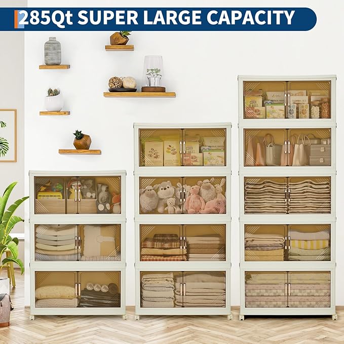 Garvee 285QT Stackable Storage Bins, Plastic Bins for Storage with Lids, Plastic Storages Drawers with Magnetic Doors & Wheels, Foldable Collapsible Closet Organizers for Home, Dorm, Office, White