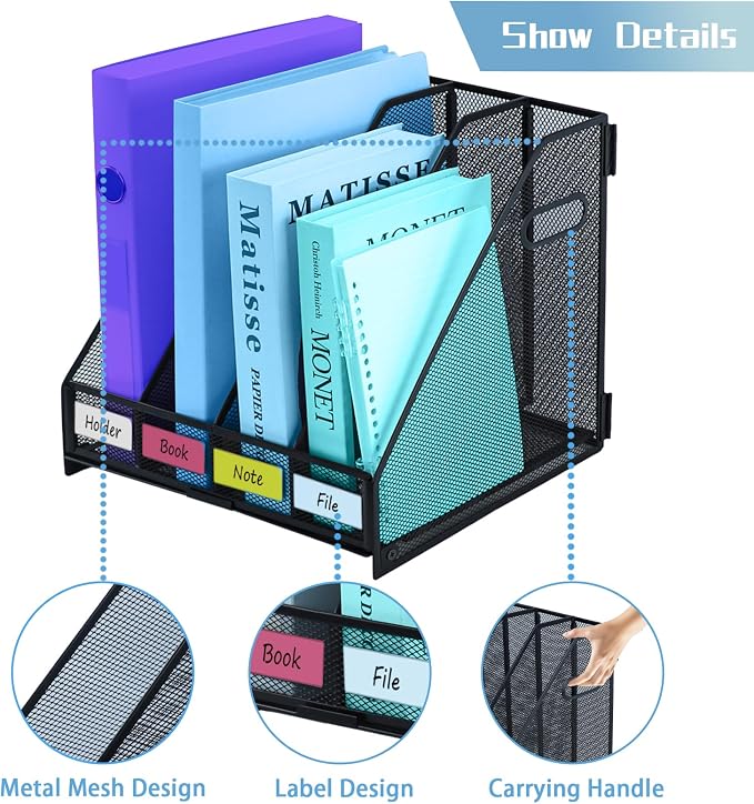 Desk Organizers Metal Magazine File Holder Racks Desktop Folder Storage Binder Organiser Document Organization for Home Office & Classroom,4 Vertical Compartments