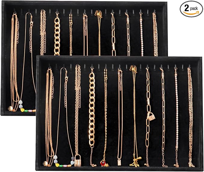 Large Velvet Jewelry Tray 2 Pack Stackable Jewelry Display Drawer Inserts Trays Organizer for Earring Bracelet Necklace Ring (Black, 20 Hooks)