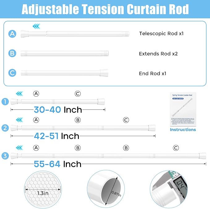 AIZESI 2PCS Shower Curtain Rod 30-64 Inch Adjustable Curtain Rods Never Rust & Non-Slip No Drilling Shower Rod Spring Tension Curtain Rod for Bathroom Doorway Window Closet Cupboard, White