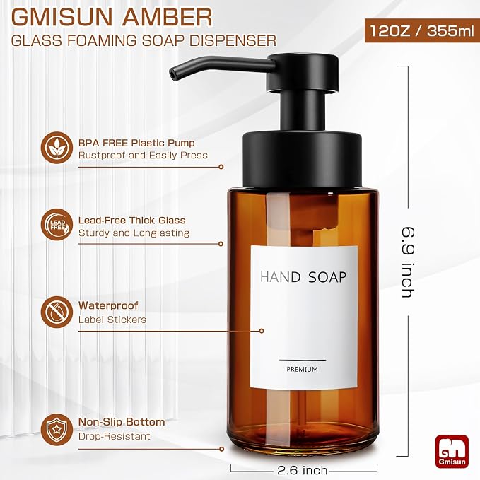 GMISUN Glass Foaming Soap Dispenser, 10 Fl oz / 300ml Amber Glass Soap Dispenser for Bathroom & Kitchen, 2 Pack Modern Refillable Foam Hand Soap Dispensers, Bathroom Hand Soap Dispensers with Labels