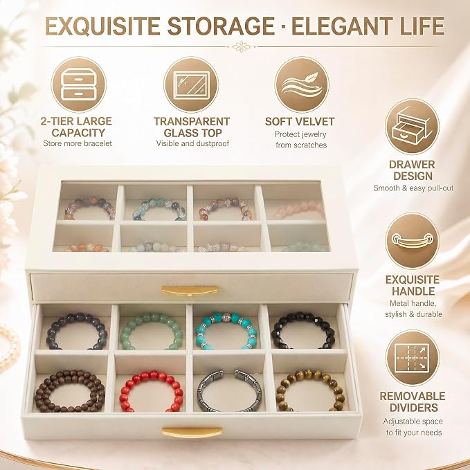 Yookeer 16 Grids Bracelet Box with Clear Top 2 Layer PU leather Bracelet Holder Case Bracelets Storage Holder Display Box jewelry organizer with Drawer for Women Bangles Watch Earring Storage gifts
