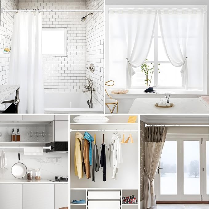 MEXAU White Tension Curtain Rod 40-78 Inch Long Tension Rod 1.26" Spring Tension Curtain Rod Adjustable Curtain Rods No Drilling Tension Shower Rod Curtain Tension Rod for Bathroom Windows Doorways
