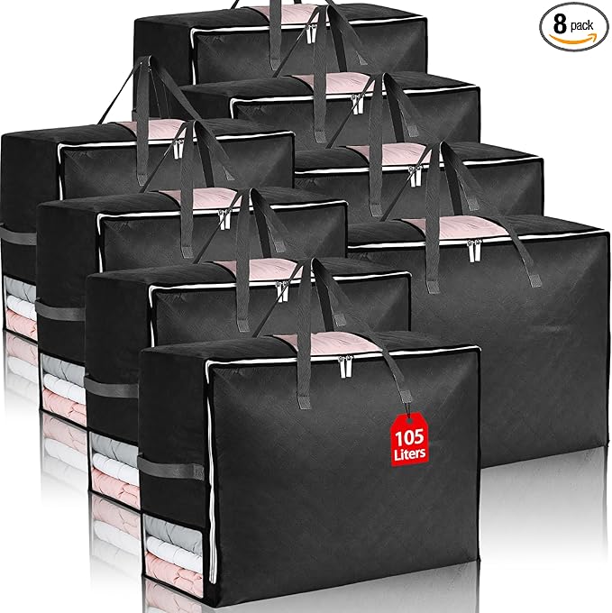 8 Pack 105L Extra Large Comforter Storage Bag, Foldable Bedding Storage Blanket Moving Bags for Clothes Pillows Sweater Dorm, Linen Closet Organizers with 4 Handles & 3 Clear Windows, Black