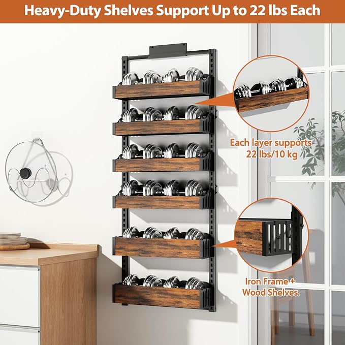 Over the Door Pantry Organizer: Storage and Pantry Organization with Hanging Basket - 6-Tier Metal Spice Rack Adjustable Shelves for Kitchen Laundry Room Bedroom & Bathroom Black