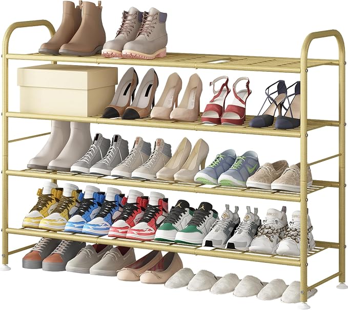 LINZINAR 4 Tier Long Shoe Rack for Closet Metal Shoe Organizer for Entryway | Spacious design stores 25+ pairs of shoes,durable metal frame,space-saving organizer for closet, hallway, and Entryway Gold