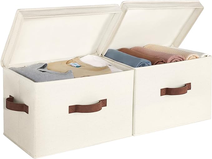 StorageWorks Fabric Storage Bins with Lid, Decorative Storage Boxes for Shelves, Stackable Closet Organizer Basket with Handles, Large, Ivory White, 2-Pack