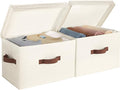 StorageWorks Fabric Storage Bins with Lid, Decorative Storage Boxes for Shelves, Stackable Closet Organizer Basket with Handles, Large, Ivory White, 2-Pack