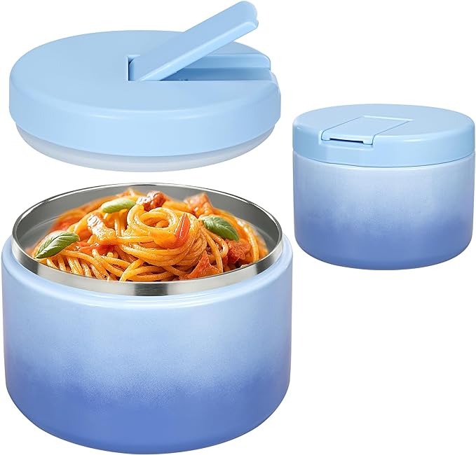 Pawtong 12oz Insulated Vacuum Food Jar with Buckle Lid Wide Mouth Soup Thermo for Hot Food Kids Leakproof Stainless Steel Lunch Container (Gradient Blue, 12OZ)