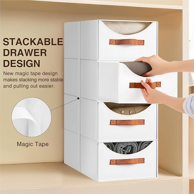Homsorout Closet Organizers and Storage - Large Stackable Storage Bins with Drawer, Fabric Bins for Organization, Collapsible Storage Drawers Organizer for Bedroom, Living Room, 4 Pack, White