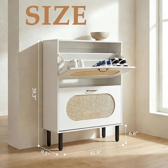 SUNCROWN 2 Flip Drawers Shoe Storage Cabinet, Freestanding Narrow Entryway Organizer, Natural Semi-Circular Rattan Doors, Adjustable Shelves & Anti-Tip Kit, White