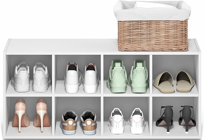 Furinno FANO 8-Cube Shoe Rack, Stackable Shoe Organizer, White | 11.7 x 35.9 x 15.6, Shoes Storage, for Closet Entryway, Office, Garage