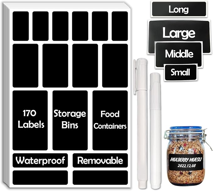 JIEHENG 170Pcs Black Removable Labels for Jars,for Storage Bins,for Food Containers with 2 Liquid Chalk Marker(Black)