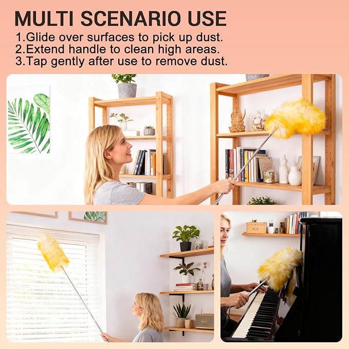 Cedenoo Lambswool Duster Extendable 22–55 Inch Natural Wool Duster with Flexible Head for Ceilings Furniture Blinds Electronics Washable Reusable