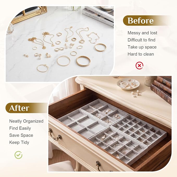 Unittype Set of 4 Stackable Jewelry Organizer Tray for Drawer Inserts Velvet Necklace Earring Bracelet Ring Holder Jewelry Display Storage Box for Bangle Stud Necklace Ring(6/12/15/24 Grid,Gray)