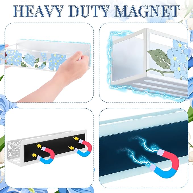 Beeveer 2 Pack Hydrangea Magnetic Fridge Spice Rack Metal Magnetic Storage Basket Organizer for Refrigerator Magnet Shelf for Condiment Seasoning Bottle Kitchen Decor Accessories