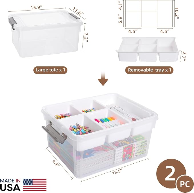 Citylife 17QT 2Packs Plastic Storage Box with Removable Tray Craft Organizers and Storage Clear Storage Container for Organizing Bead, Sewing, Playdoh, Markers, Tools, Coloring book