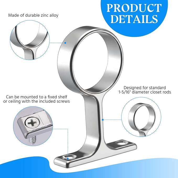 LEIFIDE 4 Pcs 1 5/16 Inch Diameter Round Wardrobe Closet Rod Suspended Center Support with Installation Screws Curtain Closet Rod Ceiling Mount Bracket for Home Wardrobe (Polished Chrome)