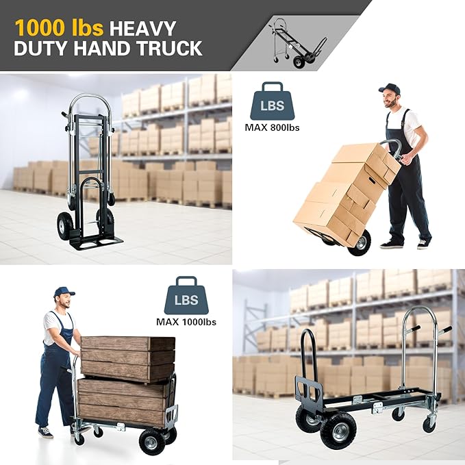 3 in 1 Folding Industrial Convertible Hand Truck,1000 LBS Capacity Aluminum Dolly,Heavy Duty Hand Truck Dolly Cart with Stair Climbing Wheels and Dual Handles for Transport,Moving (Black)