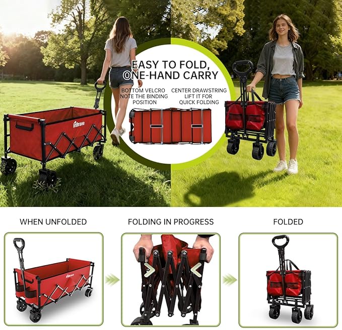 Extra Long Collapsible Wagon Cart, 480LBS Heavy Duty Utility Wagons with All-Terrain Wheels, Foldable Grocery Carts for Gardening, Shopping, Beach, Camping, Cherry Red