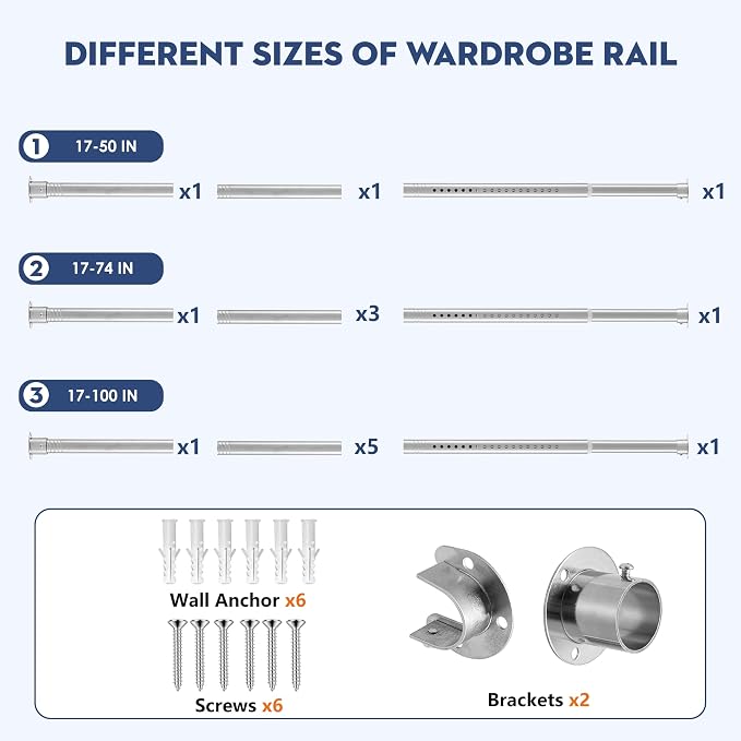 Heavy Duty Closet Rod, Adjustable 17-50 in, 1.3" Diameter | Silver, Metal, Suitable for Wardrobes, Bathrooms, Laundry Room, RV