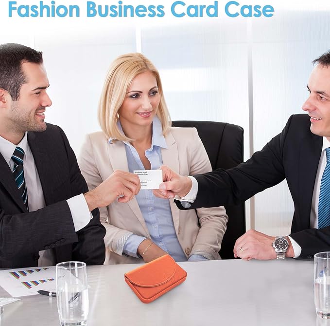 Business Card Holder，PU Leather Business Card Case Color Printing Pattern Card Holder Wallet，Pockets Magnetic Credit Card Holders for Men and Women，Orange