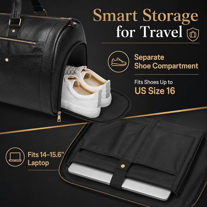 Garment Bag for Travel, Convertible Suit Garment Bag for Men, Stylish Carry On Garment Bag with Shoulder Strap, 2 in 1 Foldable PU Leather Garment Duffle Bag Suit Travel Bag for Men, Black