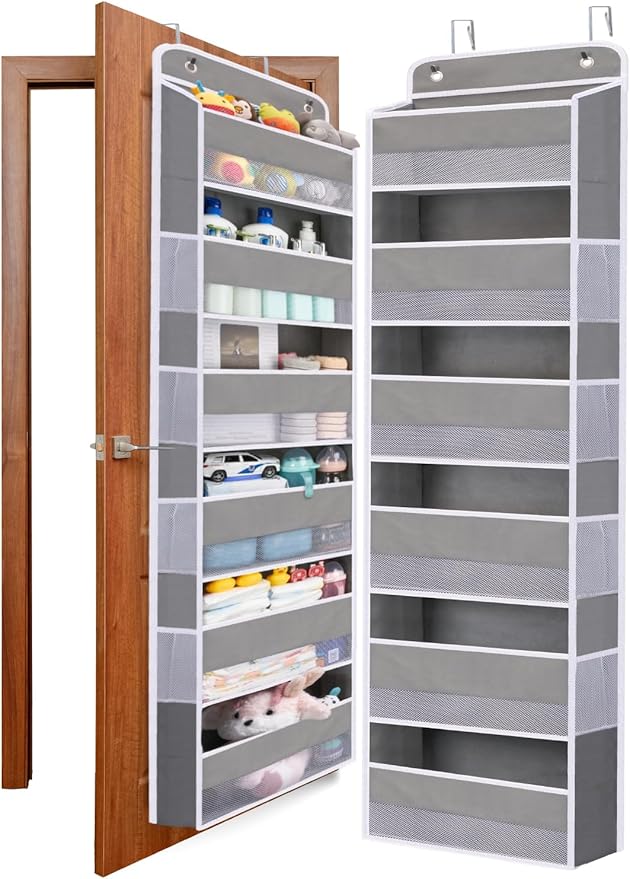 WishJazz Over The Door Organizer 6 Large Pockets, 50 lbs Heavy Duty Hanging Organizer Storage, Behind Door Closet Organizer and Storage for Nursery, Bedroom, Bathroom, Toys Cosmetics Sundries Grey