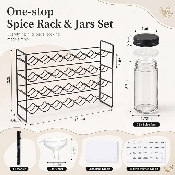 FoldTier Spice Rack Organizer with 28 Spice Glass Jars, 56 Labels, Funnel and Marker Set, Complete Countertop Seasoning Rack Organization for Cabinet, Kitchen Storage, Pantry, Cupboard(Black)