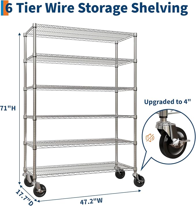 Garvee 6-Tier NSF Metal Wire Shelving with Wheels,47" Wx18 Dx71 H, 2640LBS | Chrome Rolling Shelves, Adjustable, Heavy Duty Shelving Rack, Commercial-grade, for Kitchen Garage Laundry Storage, Silver
