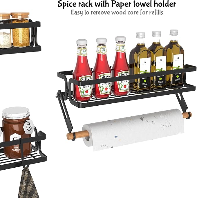 Spice Rack Wall Mount, Black, 3 Pack | Paper Towel Holder and Hooks, Screw or Adhesive Hanging, Space Saving, For Seasonings, Stove, RV, Cabinet