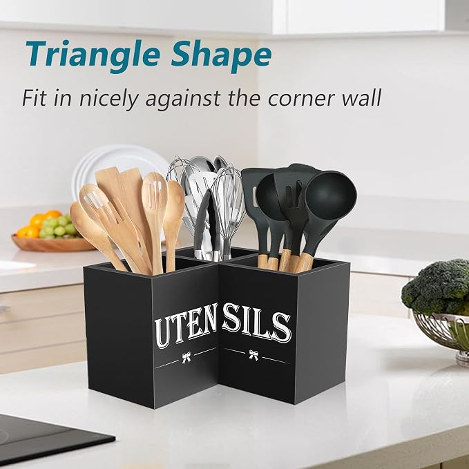Suli Extra Large Utensil Holder Countertop for Kitchen Counter,Wood,Black | Hold 40 Utensils,4 Removable Divider,Rutic Silverware Organizer Caddy,Spacesaving,Farmhouse Cooking Crock for Spatula,Spoon