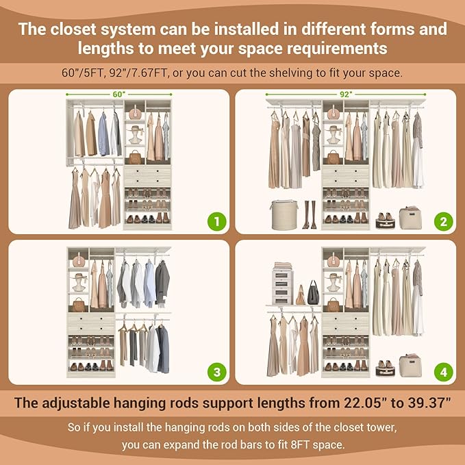 Besiost Closet System - 60"/92" Closet System with Drawers, 5FT/7.67FT Closet Organizer System with Reversible Hanging Shelving Greige Oak
