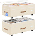 Budding Joy 80L 2 Pack Adjustable Under Bed Storage with Wheels, Beige | Underbed containers with clear lids, rolling underbed shoe storage organizer for dorm clothes, blankets, easy to install
