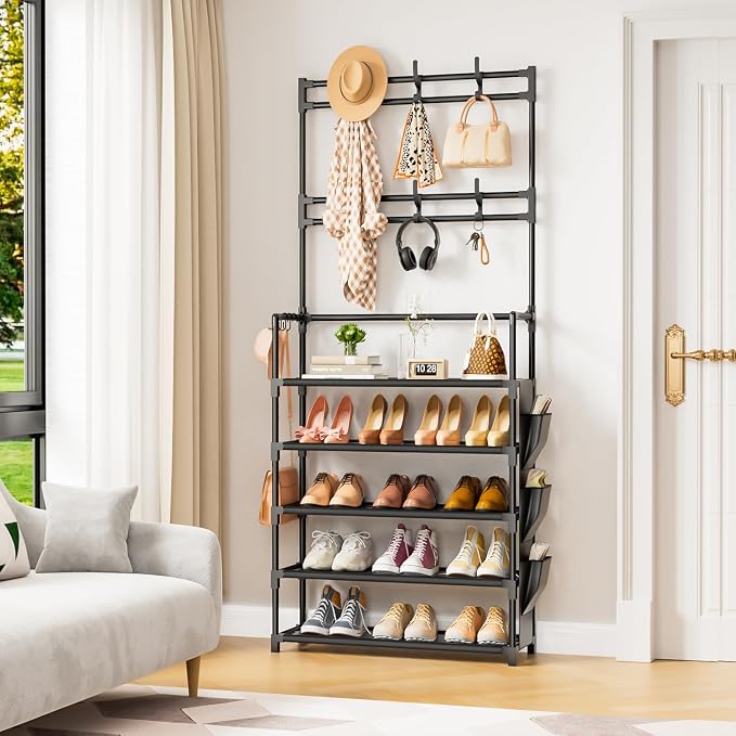 Shoe Rack 5 Tier Shoe Organizer Storage 15-20 Pairs for Closet Entrance | Stackable & Detachable Shelf with Hooks and Side Pocket Entryway Shoe Holder Space Saving Closet Organizers and Storage