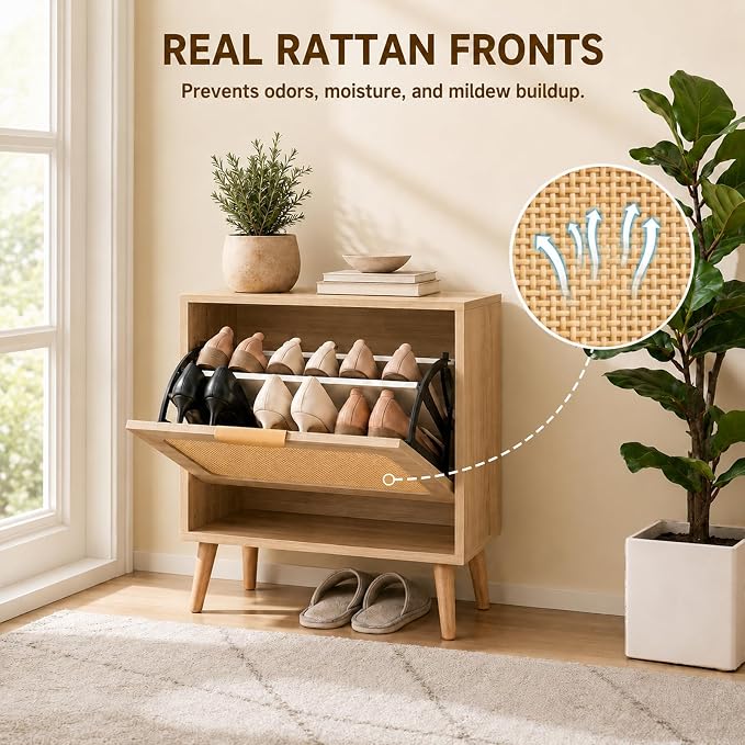 Shoe Storage Cabinet for Entryway, Slim Freestanding Rattan Shoe Cabinet with 3 Flip Drawers, Hidden Shoe Organizer Cabinet, Narrow Shoe Rack , Farmhouse Design (Singel Flip Drawer - Breathe Rattan)