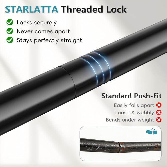 STARLATTA Heavy Duty Black Closet Rod: 17-69 Inch Stepless Adjustable Clothes Hanging Bar, 1.3" Diameter Metal Wardrobe Pole with Brackets, No-Cut, for Laundry & RV
