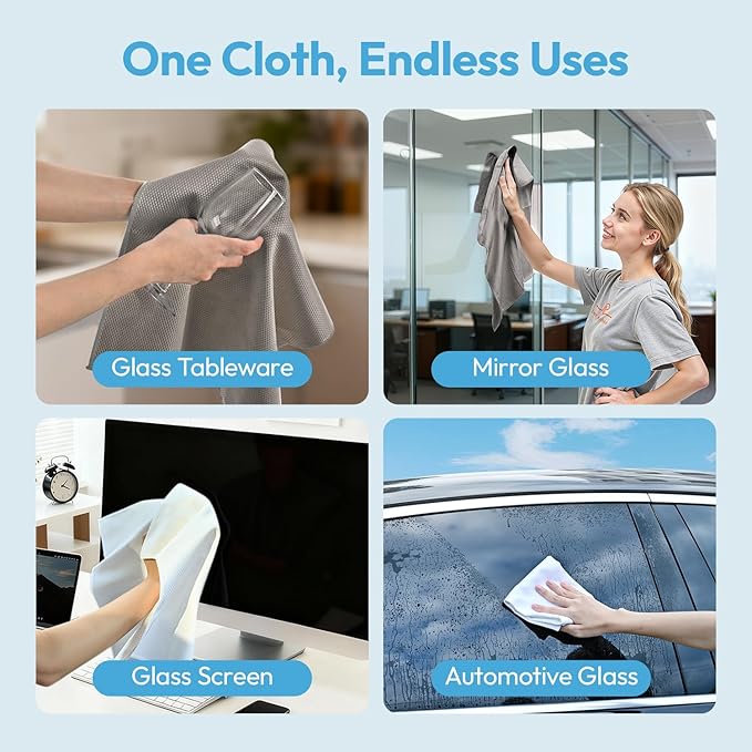 Microfiber Glass Cleaning Cloth 6 Pack - 15.5x15.5 Inch Lint Free Streak Free Polishing Cloth for Windows and Mirrors, Fish Scale Nano Cleaning Cloth for Car Window Detailing